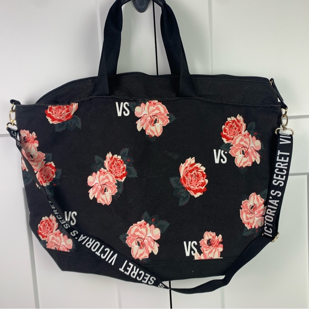 Victoria's Secret Limited Edition Black Floral Print Weekender Tote Duffel Bag